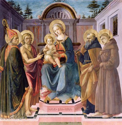 Madonna and Child Enthroned with (LtoR) SS. Zenobius, John the Baptist, Anthony Abbot and Francis by Francesco di Stefano Pesellino